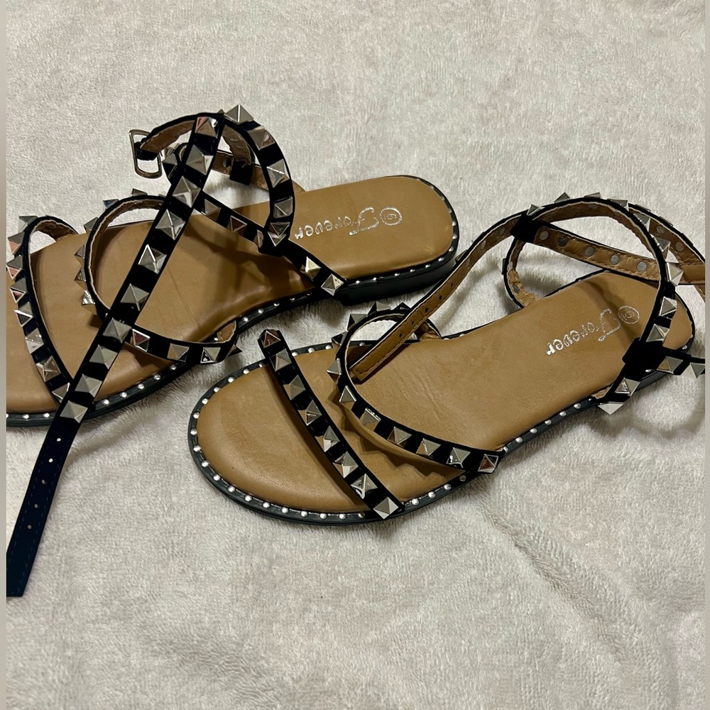 Black Strappy Studded Sandals w/ Ankle Strap- Silver Studs & Trim- Women Size 6 - Picture 4 of 8